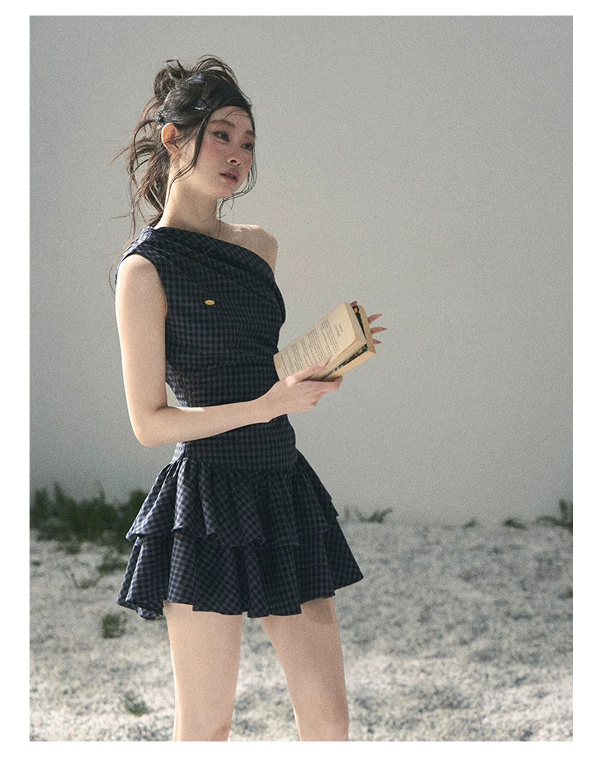 "Moonlit Bellflower Reverie" Navy Plaid One-Shoulder Mini Dress 567474