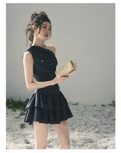 "Moonlit Bellflower Reverie" Navy Plaid One-Shoulder Mini Dress 567474