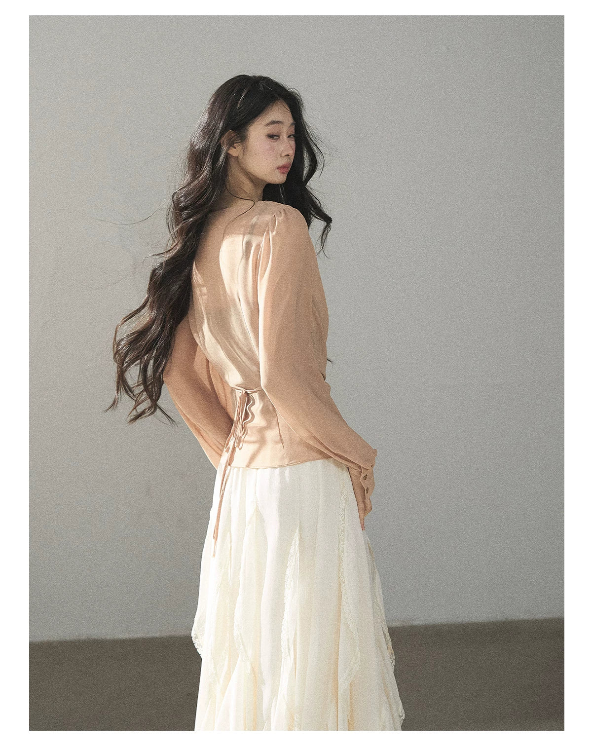 AOMALM - Cinnamon Blush Ruched Wrap Chiffon Top with Lace Cami Set
