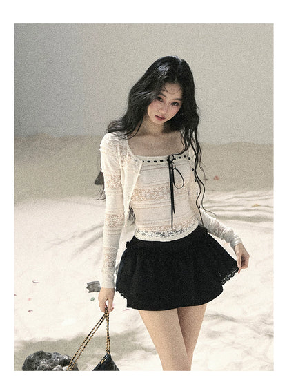 "Summer Shimmer Reverie" Creamy Oat White Lace Cutout Cardigan & Camisole Set 5864536513