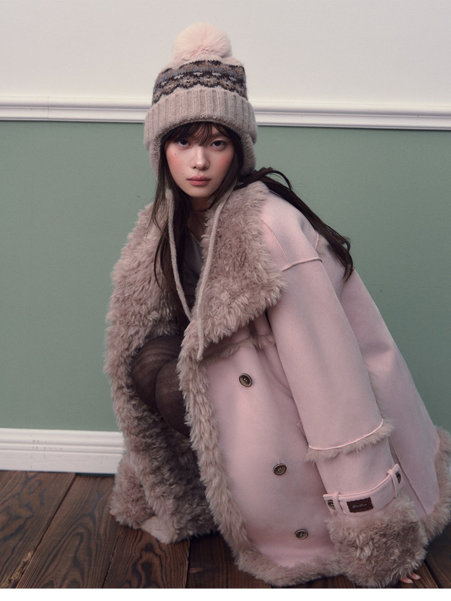 Soote Season - Oversized Korean-Style Faux Suede Shearling Collar Mid-Length Coat - Mist Pink