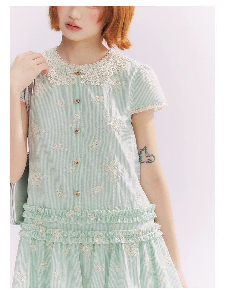 “Mint Lime” Green Stripe Lace Babydoll Dress
