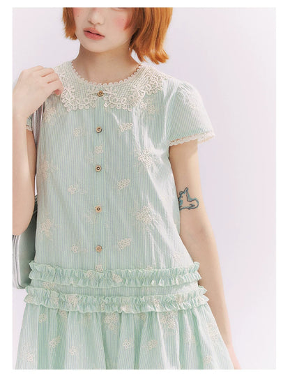 “Mint Lime” Green Stripe Lace Babydoll Dress