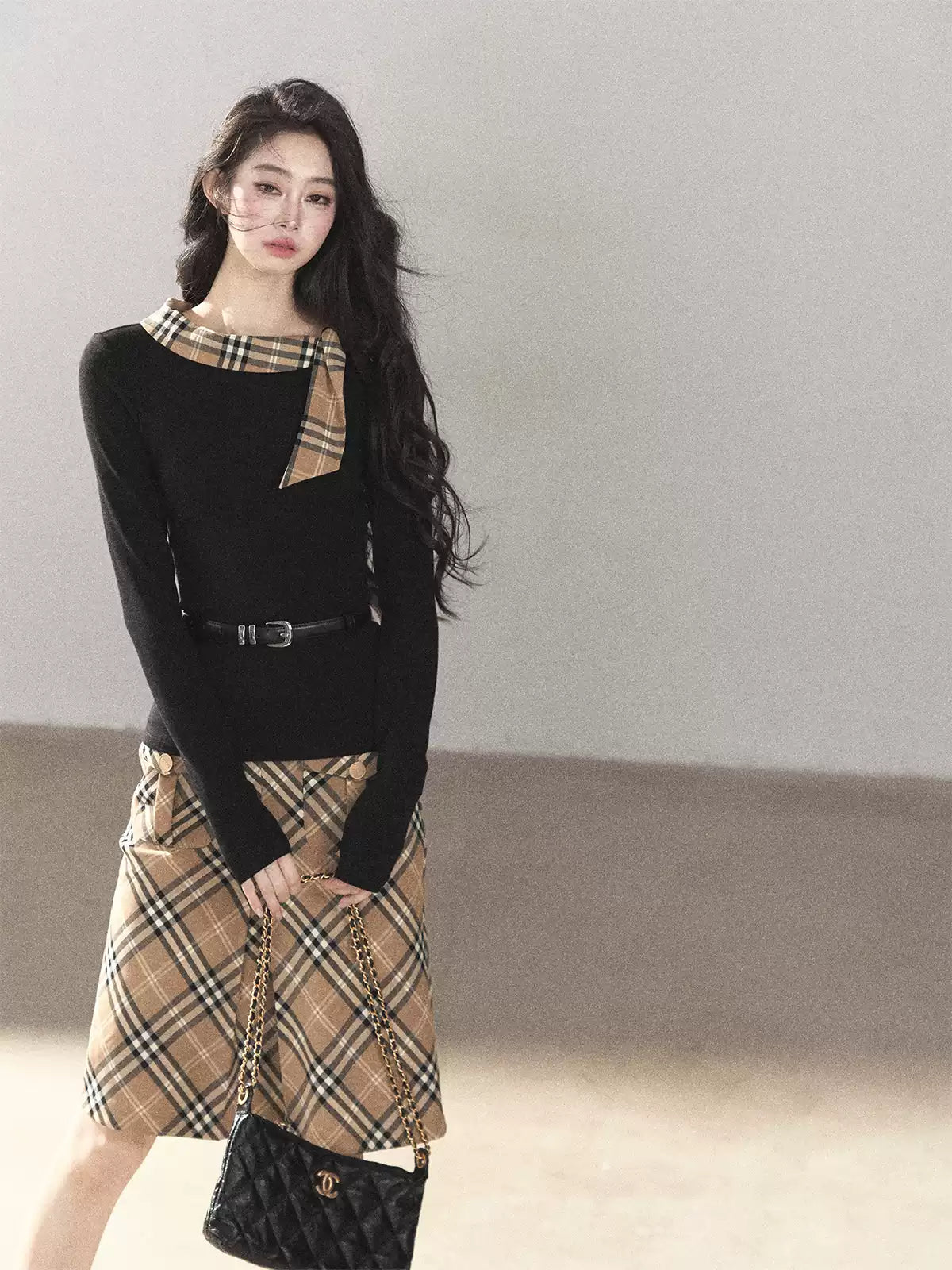 AOMALM - Black Knit Top & Light Smoky Brown Plaid Skirt Set with Belt