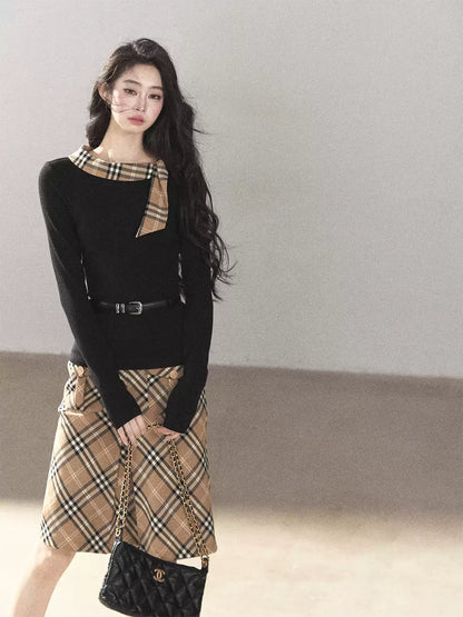 AOMALM - Black Knit Top & Light Smoky Brown Plaid Skirt Set with Belt