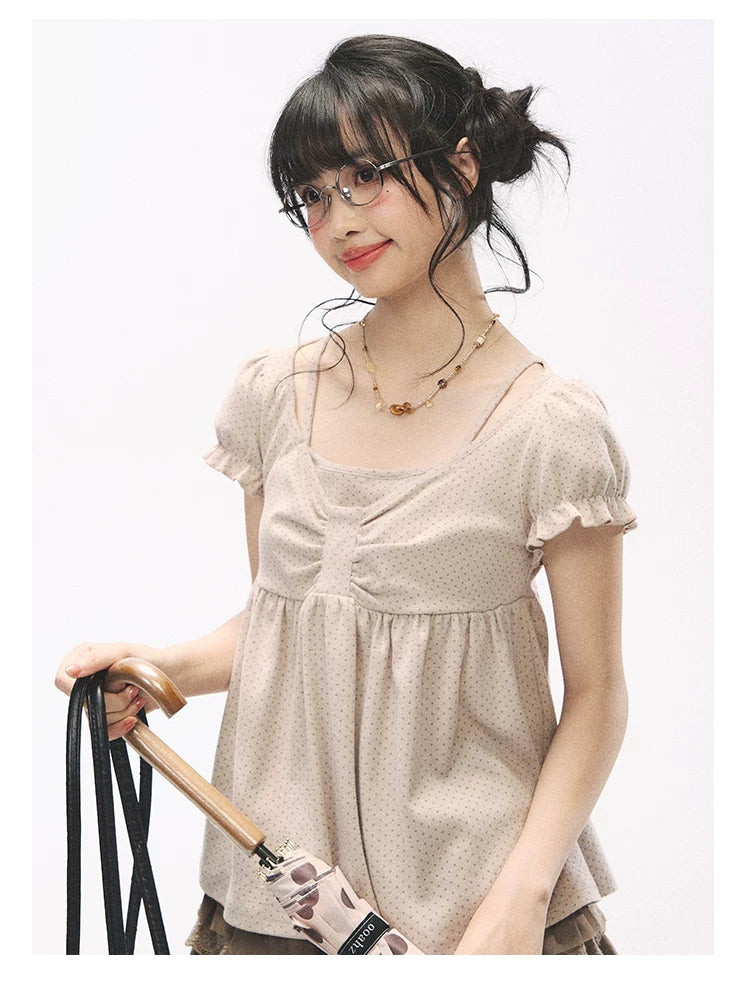"Sweetheart Crew" Polka Dot Faux Two-Piece Bow Knit Short Sleeve Top