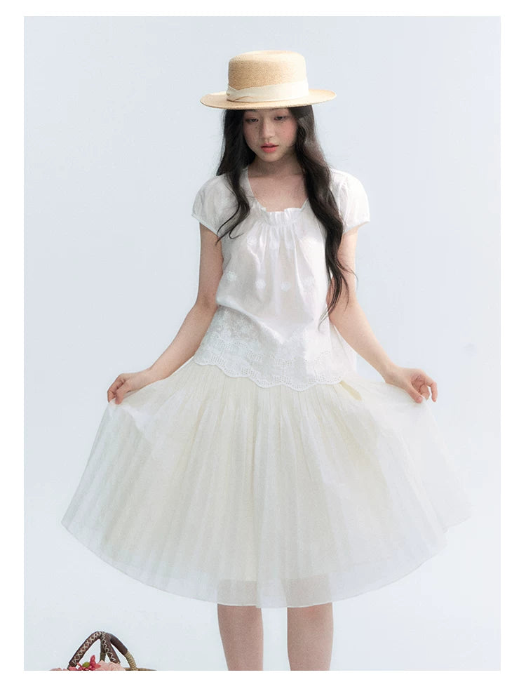 "Light Steps" Oat Apricot Pleated Lace Midi Skirt