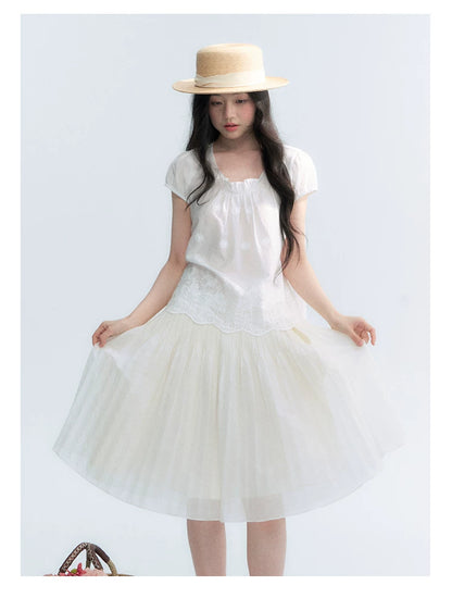 "Light Steps" Oat Apricot Pleated Lace Midi Skirt