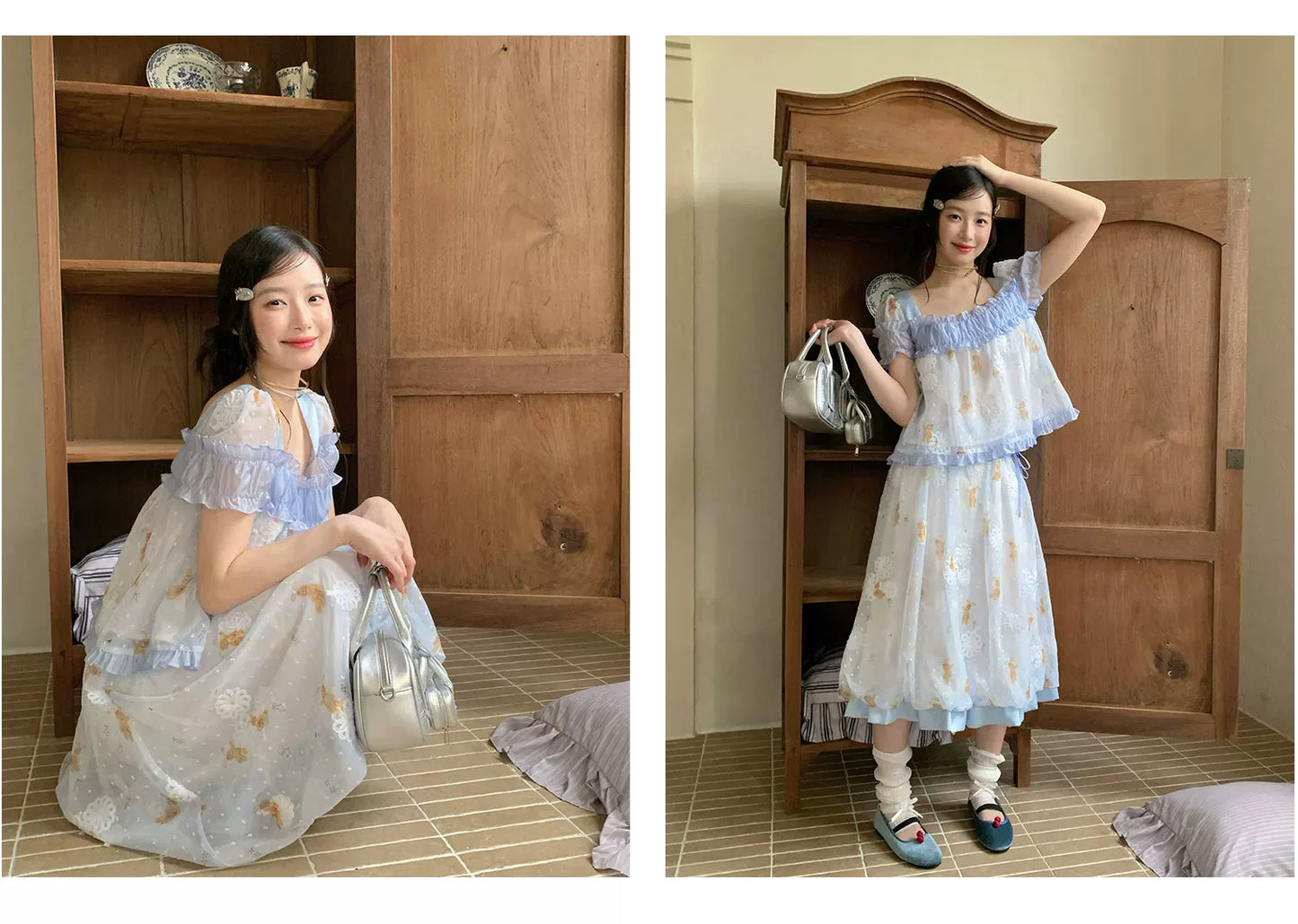 [RF] “Blue Teddy Fairytale” Bear Print Two-Piece Dress Set