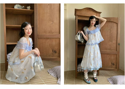 [RF] “Blue Teddy Fairytale” Bear Print Two-Piece Dress Set