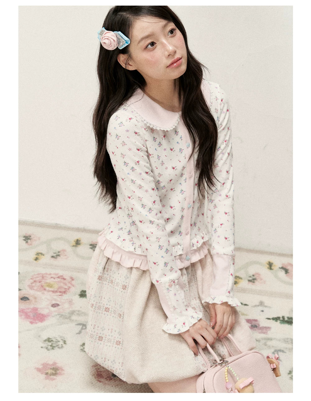 [RF] Vintage Floral Patchwork Knit Bubble Skirt in Blush Pink