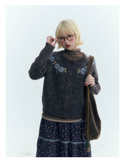 Horridale - Dark Heather Gray Vintage Crochet Flower Knit Cardigan