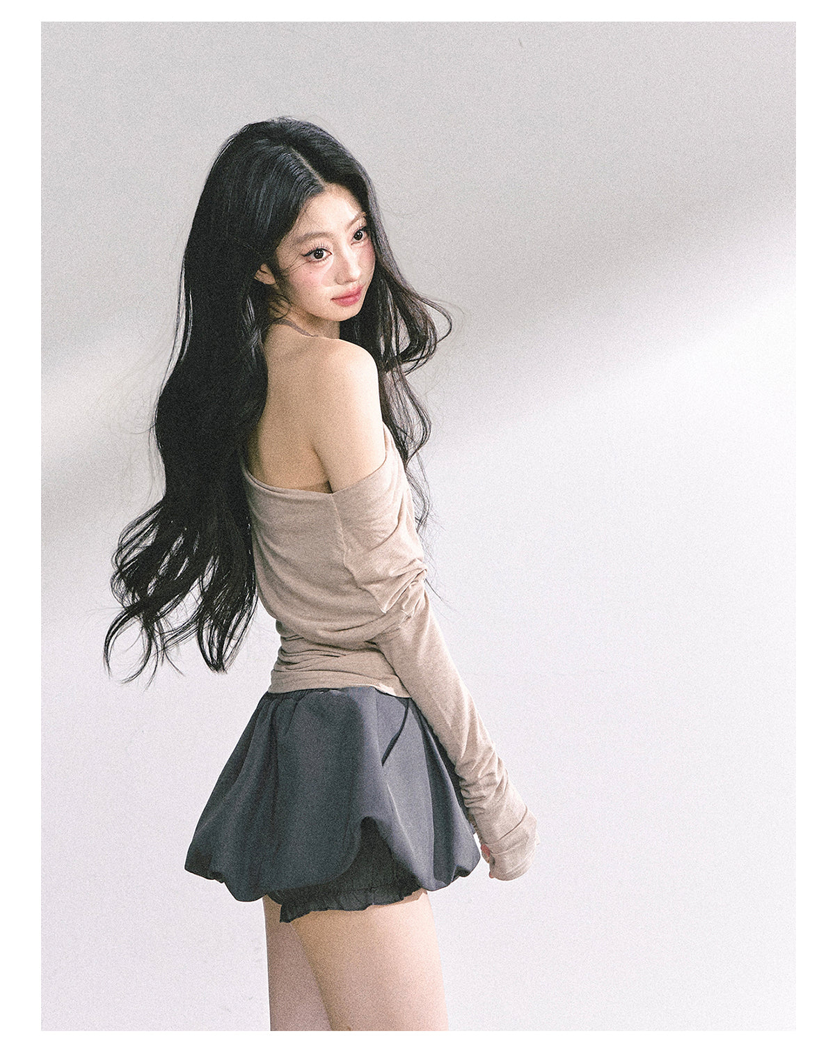 少也眼 "Soft Whisper" Korean Asymmetric Dual-Layer Off-Shoulder Top - Khaki