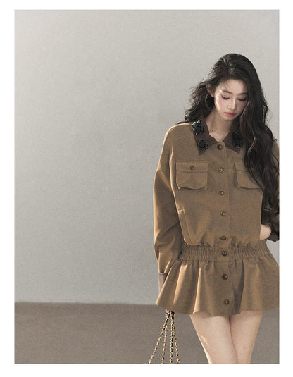 AOMALM - Gray-Brown PU Jacket and High-Waisted Shorts Set