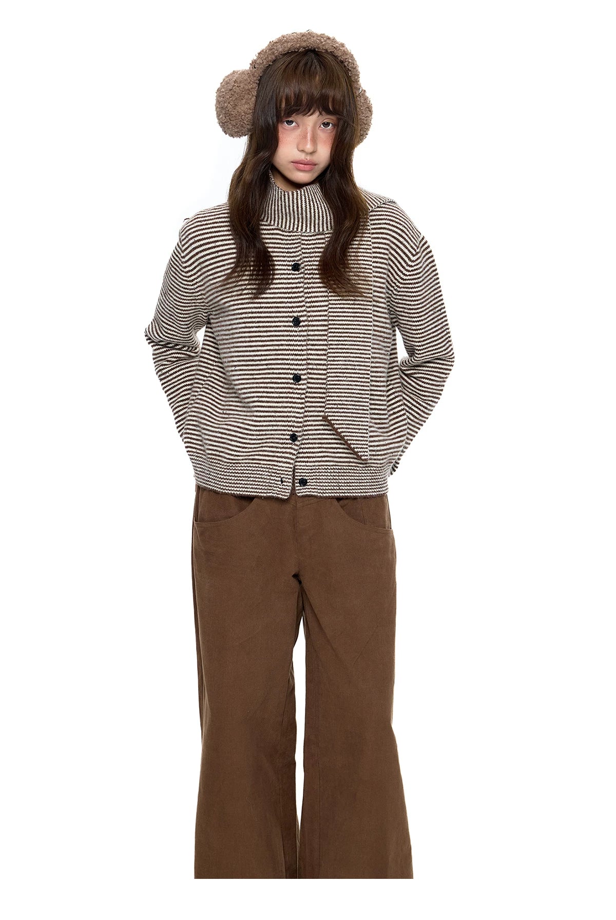EZEK | Speckled Crew Neck Cardigan Sweater (Gray / Caramel)