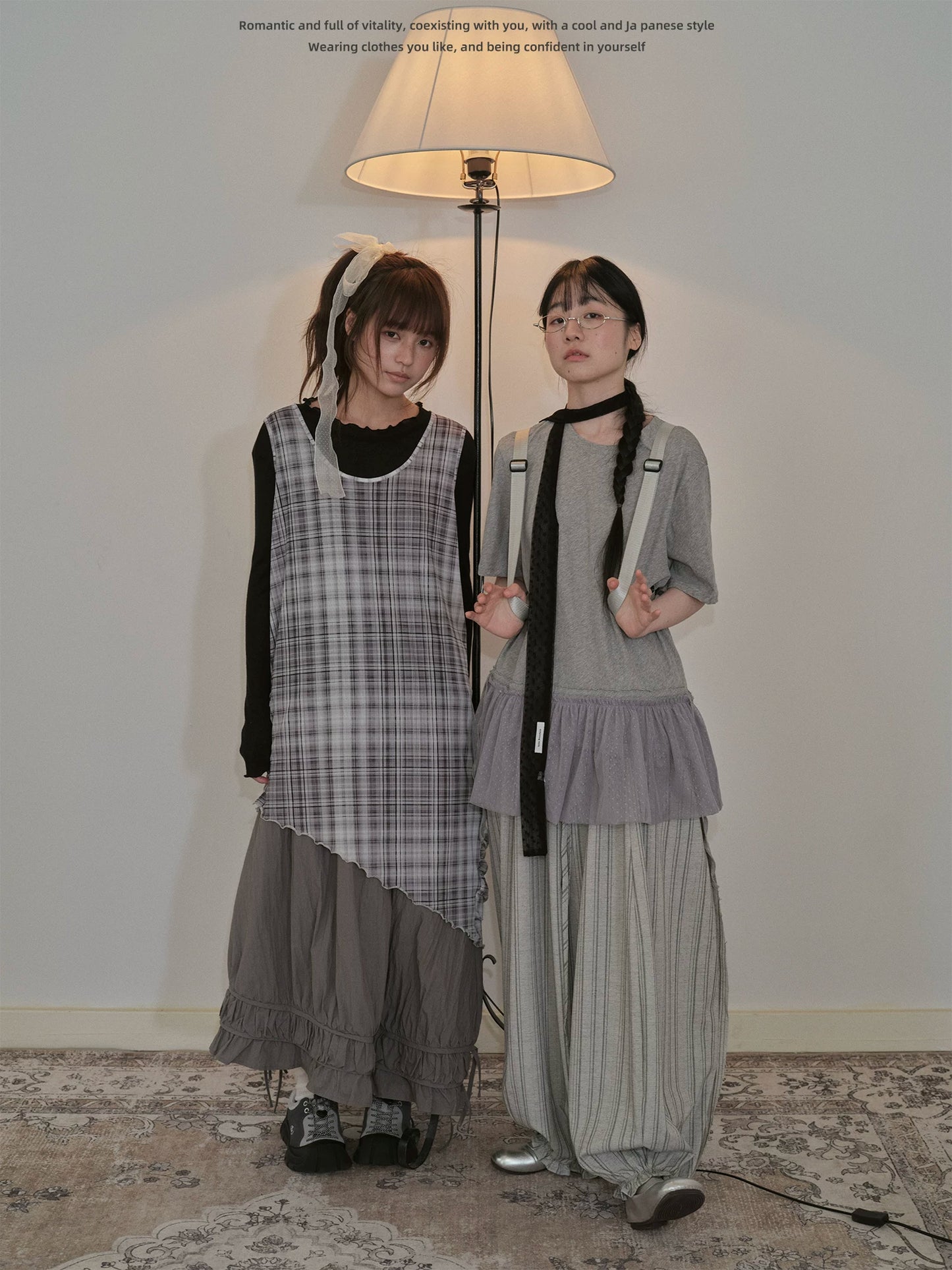 "Quiet Layers" Gray Plaid Mesh Layering Maxi Dress