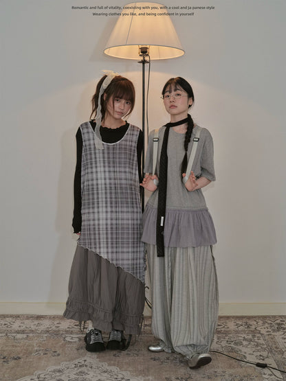 "Quiet Layers" Gray Plaid Mesh Layering Maxi Dress