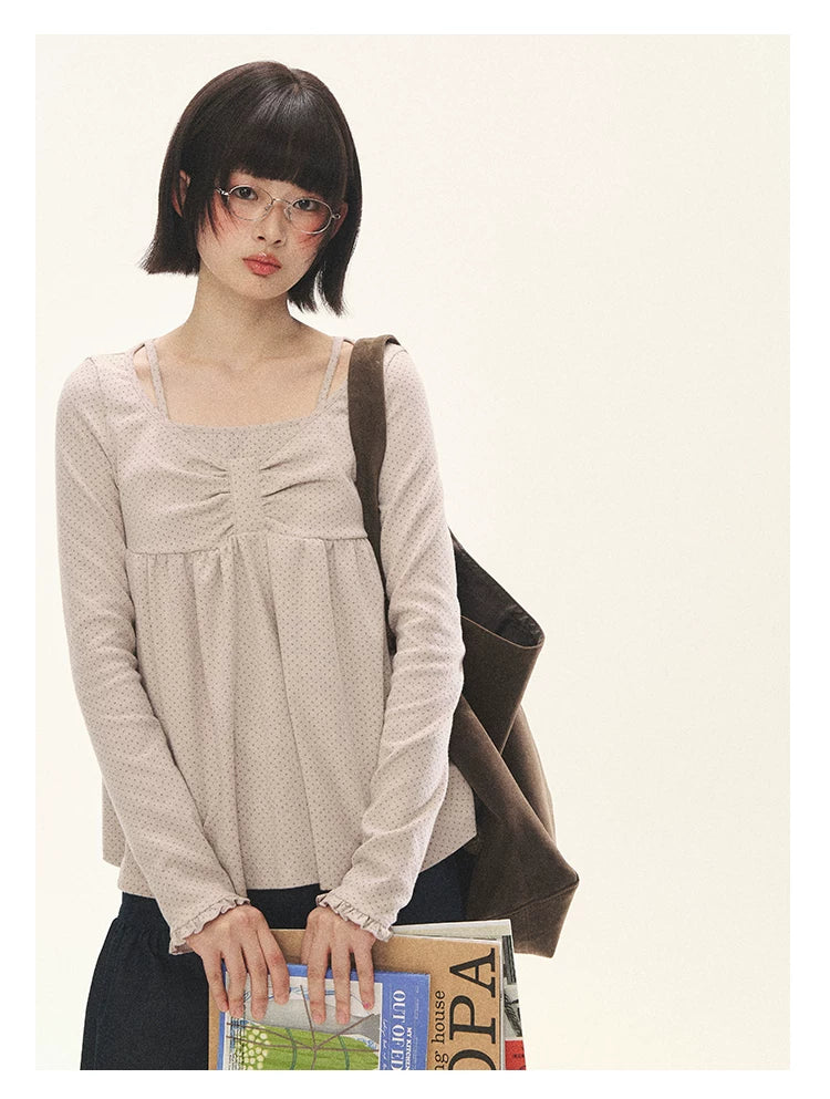 "Sweet Favorite" Polka Dot Faux-Layer Bow Knit Top (Gray Brown/ Blush Pink)
