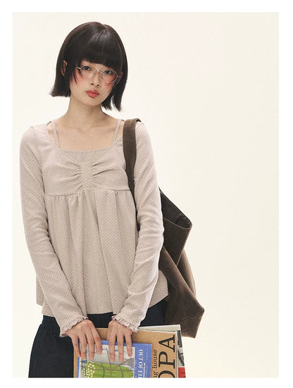 "Sweet Favorite" Polka Dot Faux-Layer Bow Knit Top (Gray Brown/ Blush Pink)