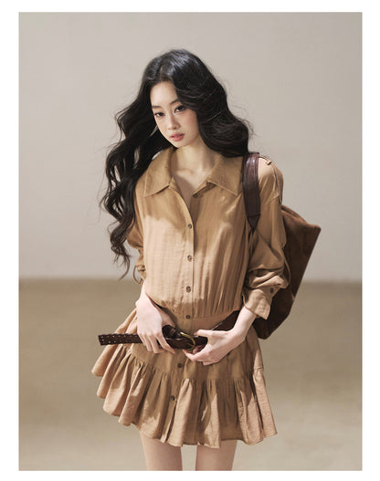 170726 "Through the Golden Wheat Fields" Chestnut Brown Utility Shirt Mini Dress with Belt & Shorts