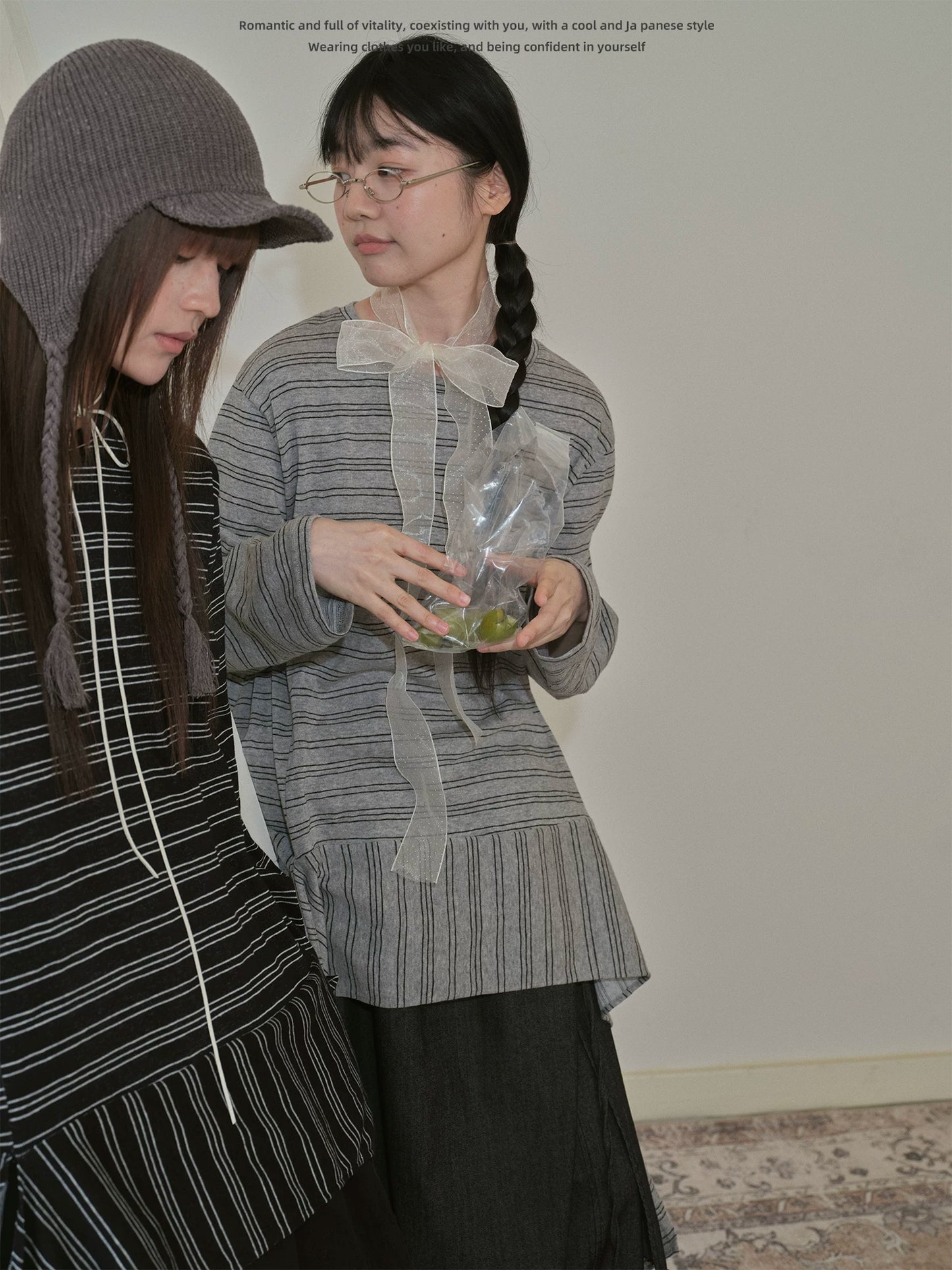 "Vintage Rhythm" Asymmetrical Knit Stripe Long Sleeve T-Shirt (Black / Gray)