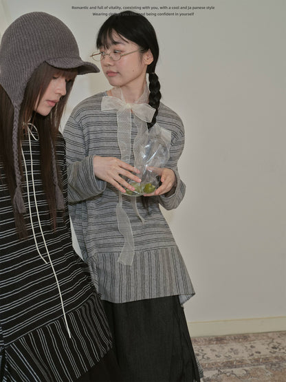 "Vintage Rhythm" Asymmetrical Knit Stripe Long Sleeve T-Shirt (Black / Gray)