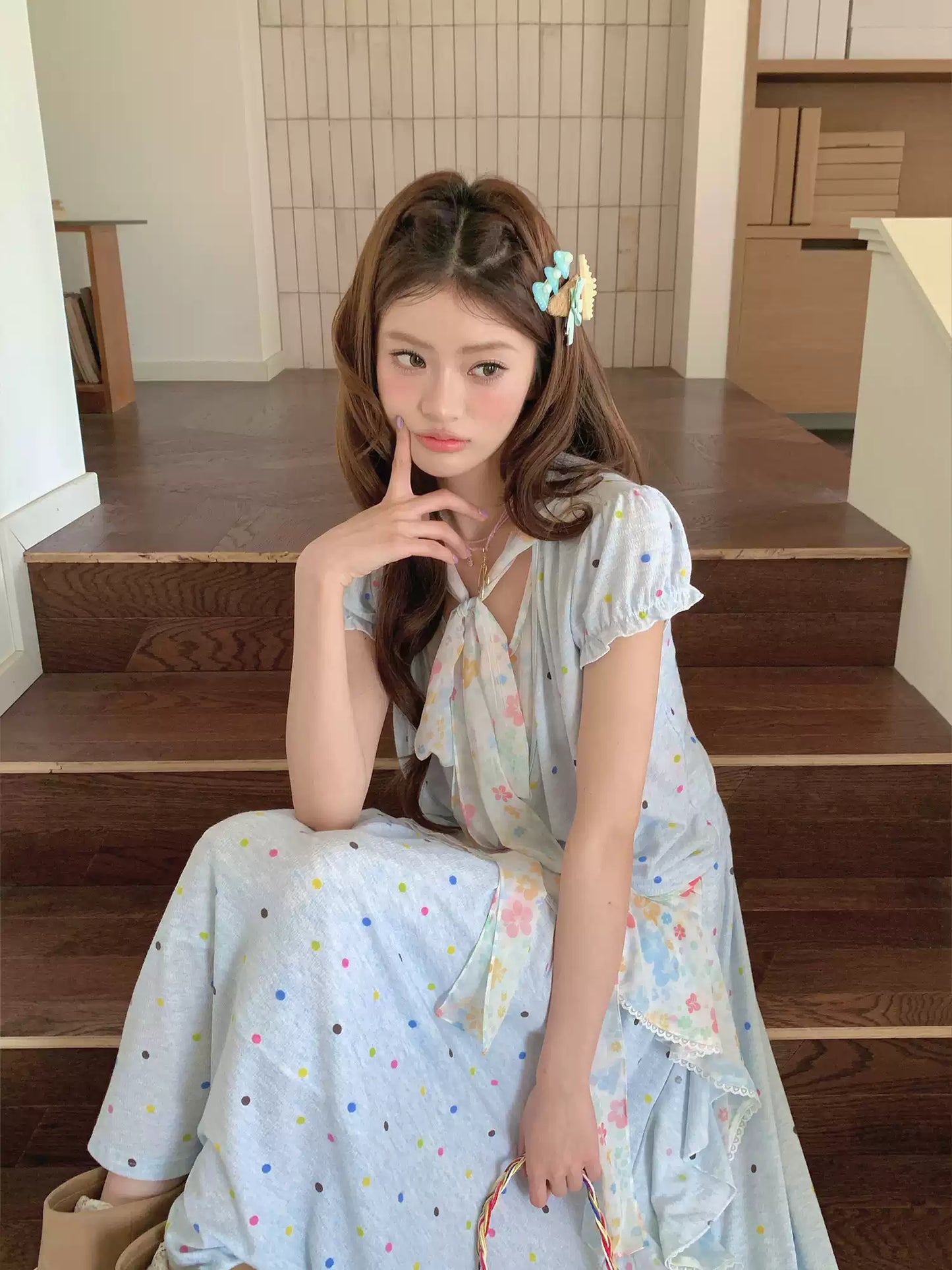 “Sea Salt Blossom Letter” Baby Blue Layered Skirt Set