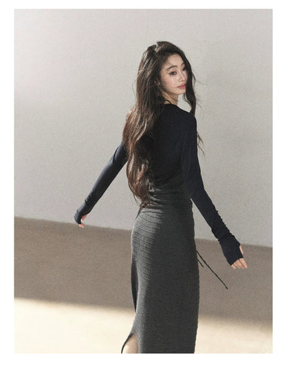 AOMALM - Whale Gray Convertible Knit Tube Top & Maxi Skirt Set