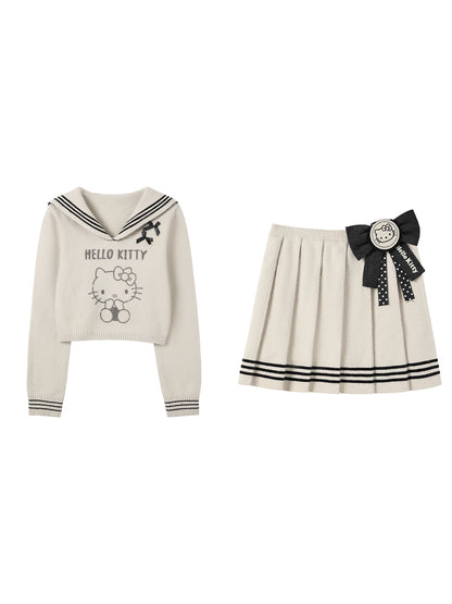 170726K "Kitty Harbor" Oat Beige Sailor Knit Set (Sailor Collar Knit Sweater + Pleated Knit Skirt)