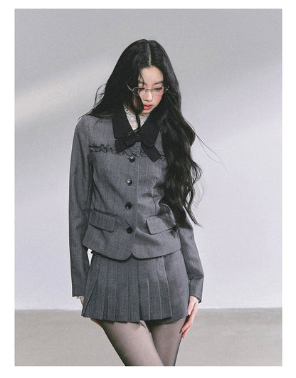 少也眼 “Maxiny Reverie” French Academia Jacket & Pleated Skirt Set