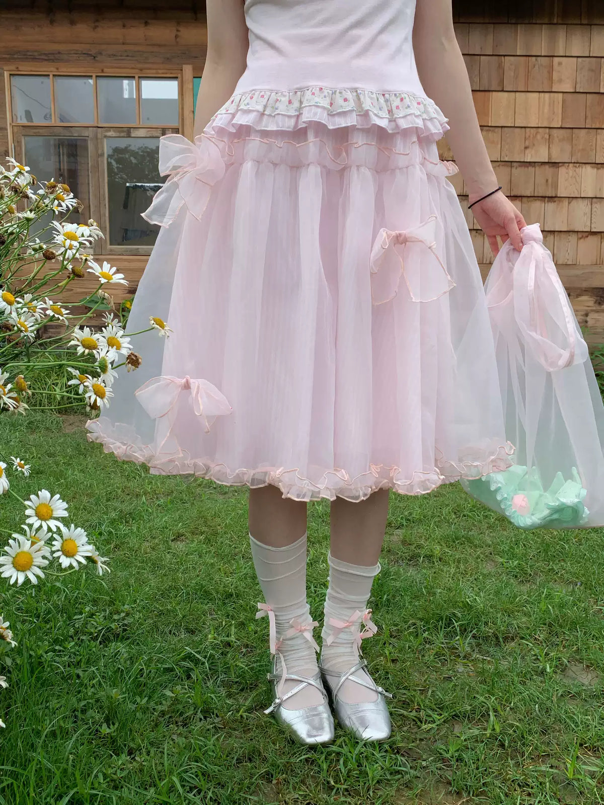 [RF] “Peach Petal Reverie” Peach Pink Doll Collar Top & Tulle Skirt Set
