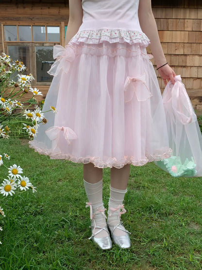 [RF] “Peach Petal Reverie” Peach Pink Doll Collar Top & Tulle Skirt Set