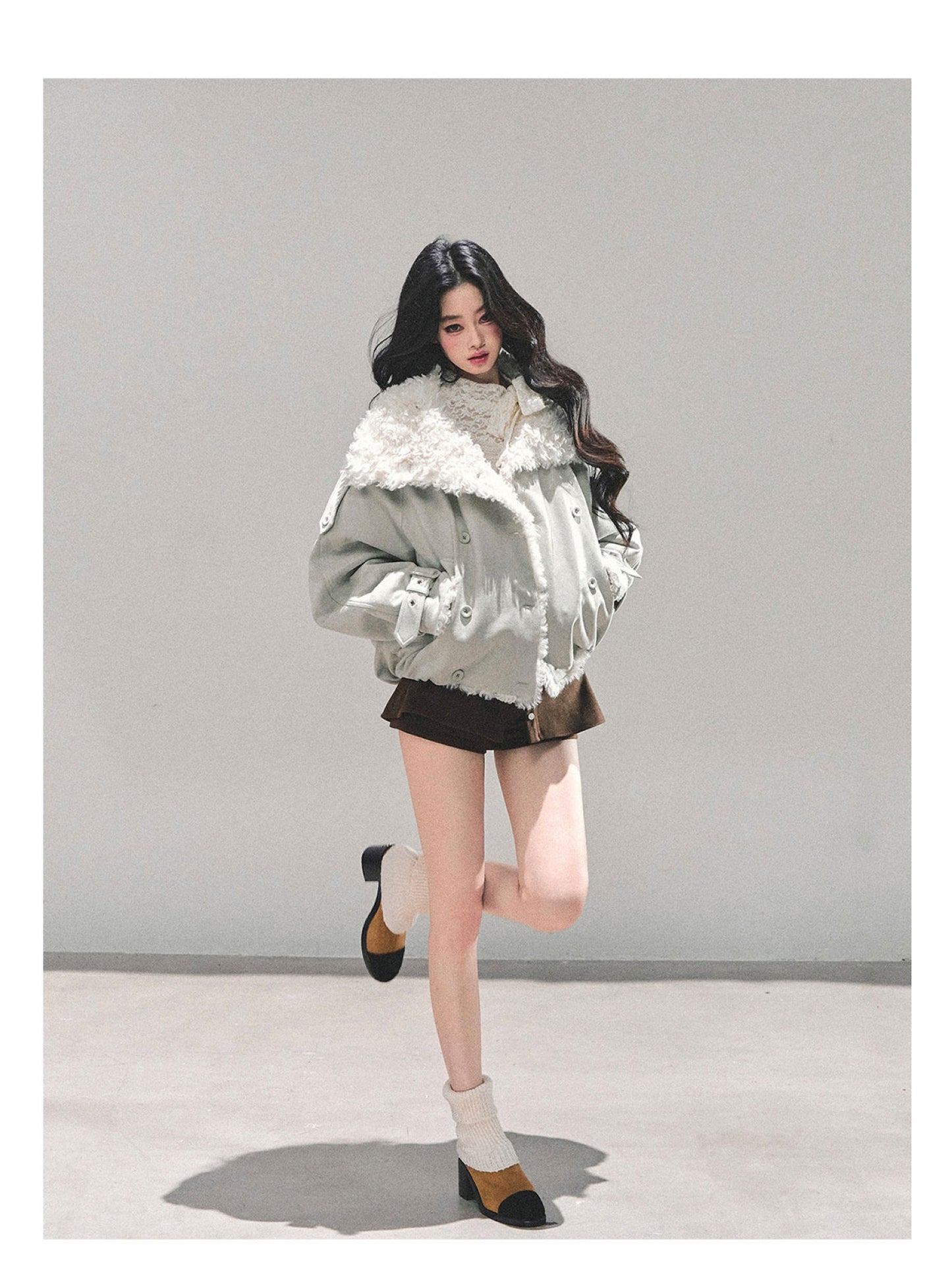 少也眼 "Velveted Winter" Cozy Shearling Fleece Jacket - Light Gray