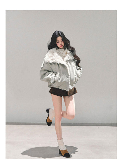 少也眼 "Velveted Winter" Cozy Shearling Fleece Jacket - Light Gray