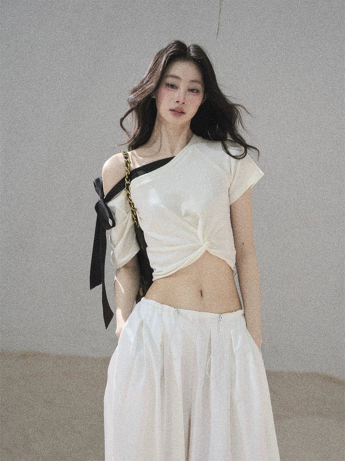 "Moonlight Upon Her" Creamy Apricot Off-Shoulder Twist Cropped T-Shirt