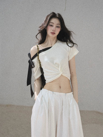 "Moonlight Upon Her" Creamy Apricot Off-Shoulder Twist Cropped T-Shirt