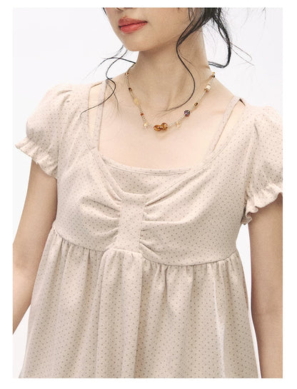 "Sweetheart Crew" Polka Dot Faux Two-Piece Bow Knit Short Sleeve Top