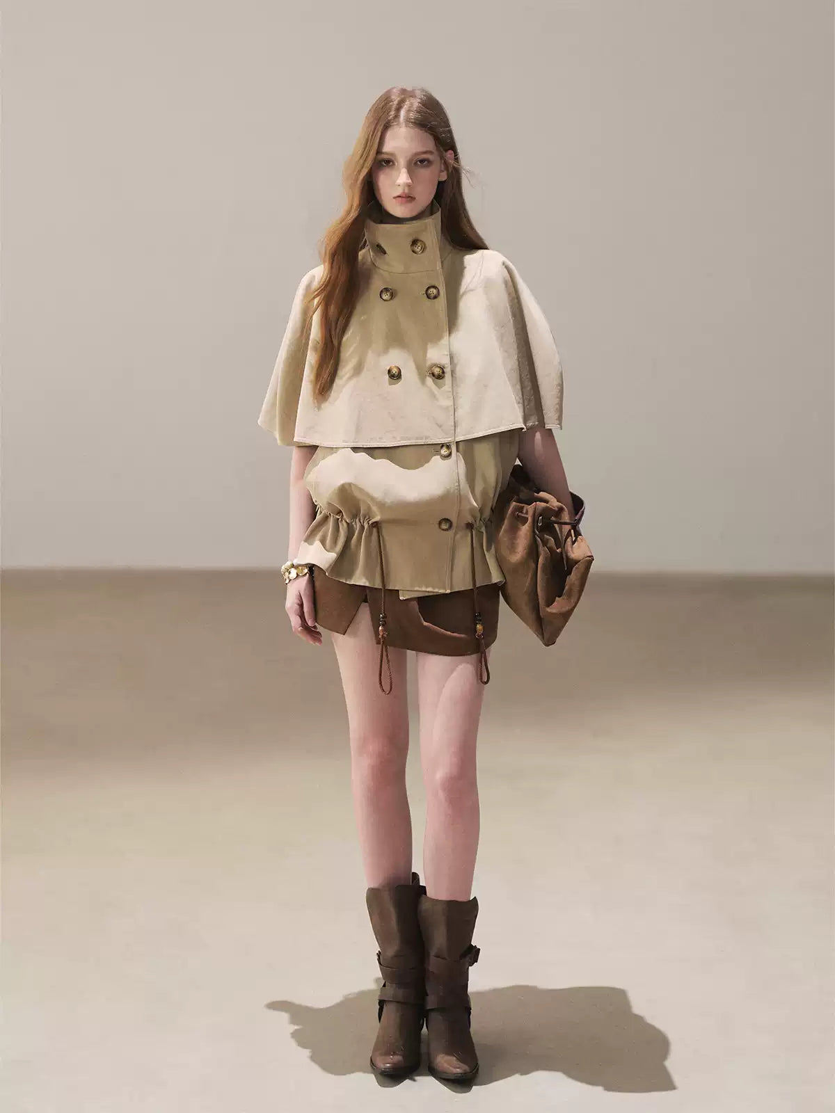 AOMALM - "Through the Oak Grove" Almond Taupe Cape Coat with Drawstring
