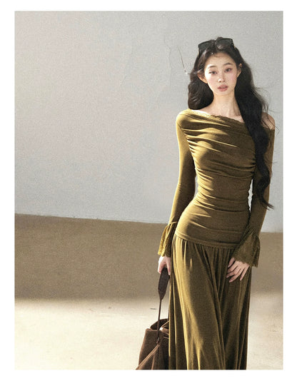AOMALM - Terracotta Brown Lace Trim Knit Top and Maxi Skirt Set