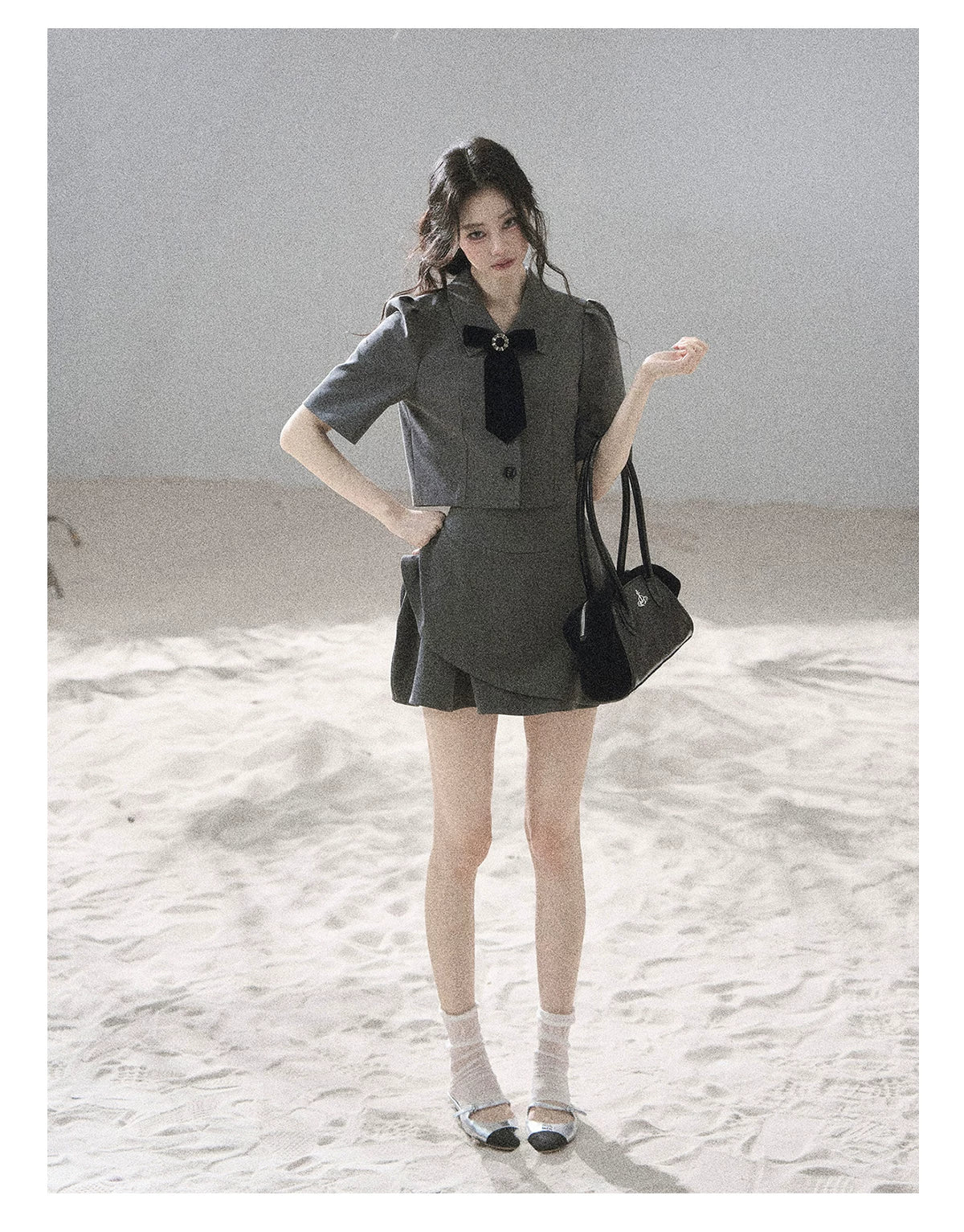 "Paris Afternoon" Slate Gray Bow Top & A-Line Mini Skirt Two-Piece Set