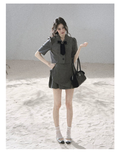 "Paris Afternoon" Slate Gray Bow Top & A-Line Mini Skirt Two-Piece Set
