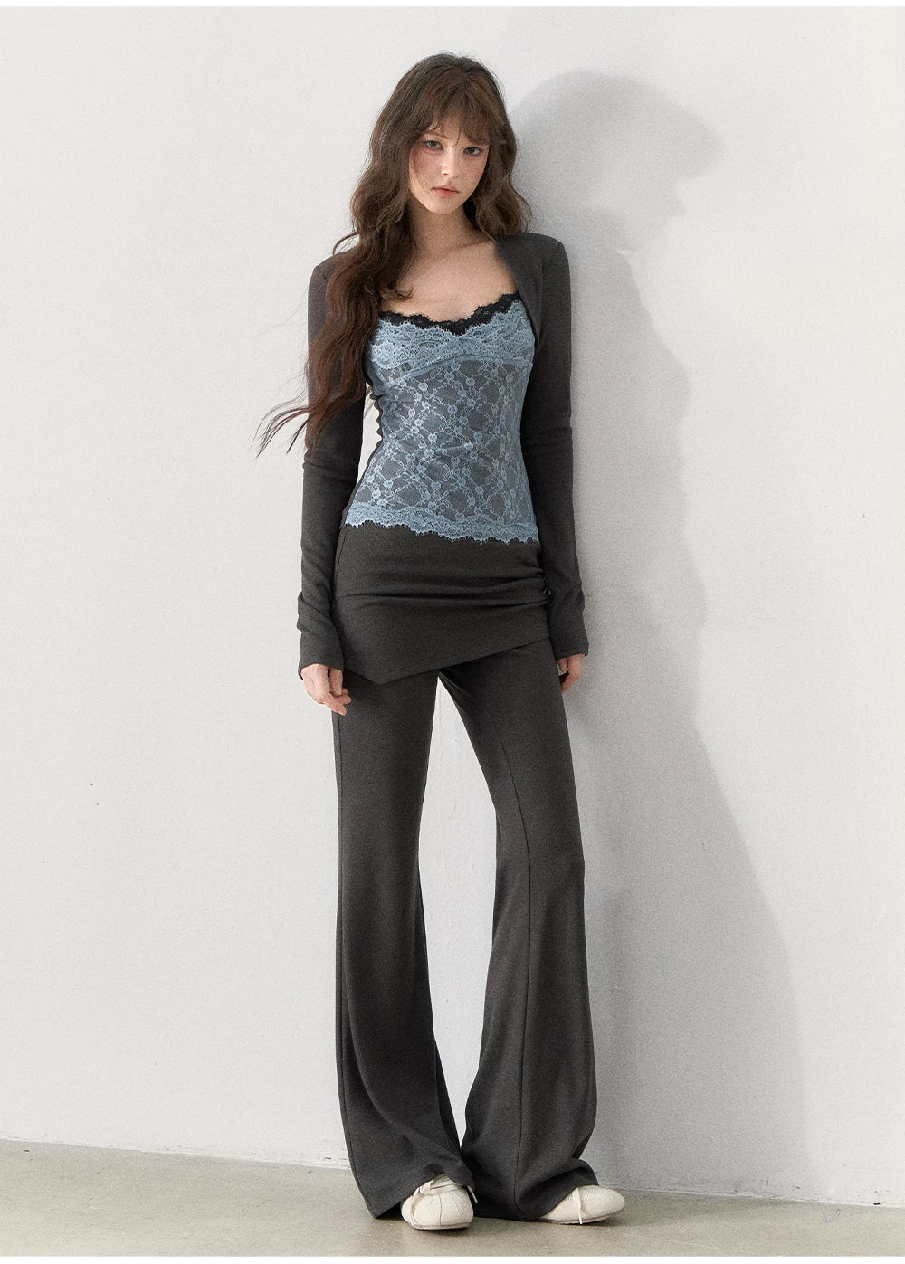 [TMMG] Lace-Trimmed Layered Knit Top & Flared Pants Set