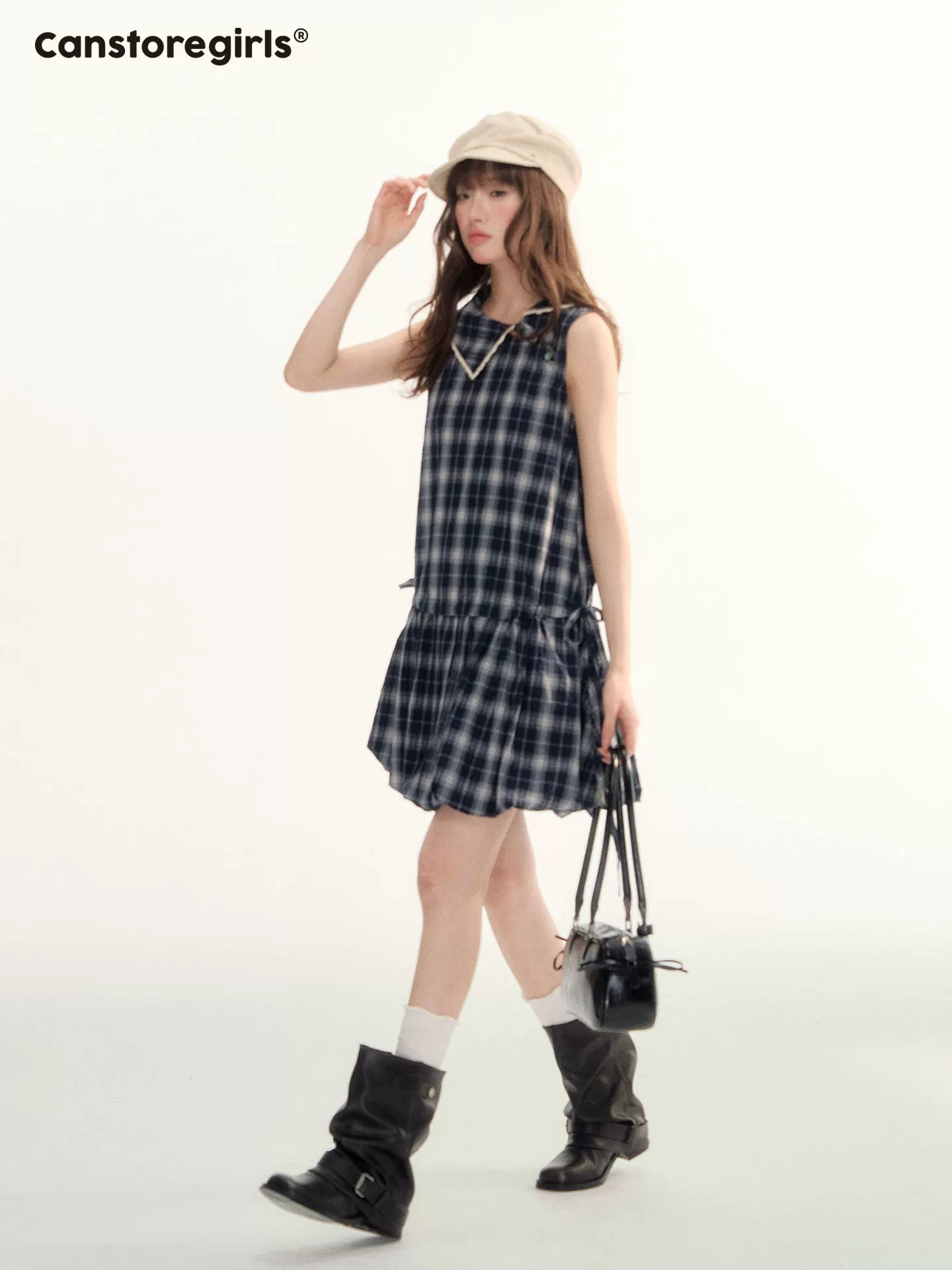 Blue Plaid Bubble Hem Dress  LL2026089