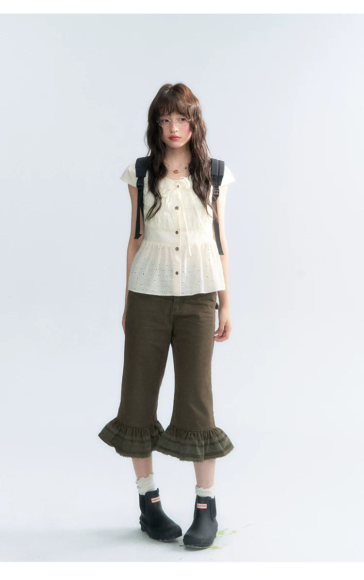 "Vintage Ribbon" Beige Bow Tie Lace Trim Blouse