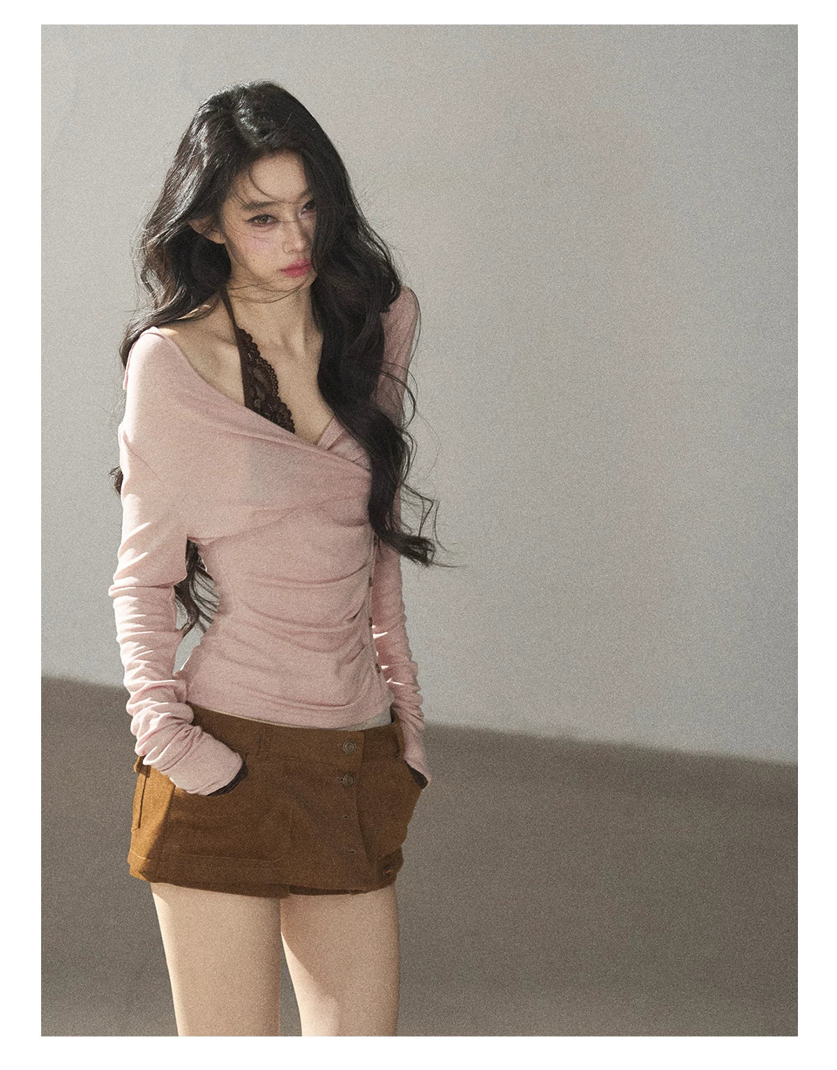 AOMALM - "Rose Garden Daydream" Misty Pink Korean Layered Lace Long-Sleeve Halter Top