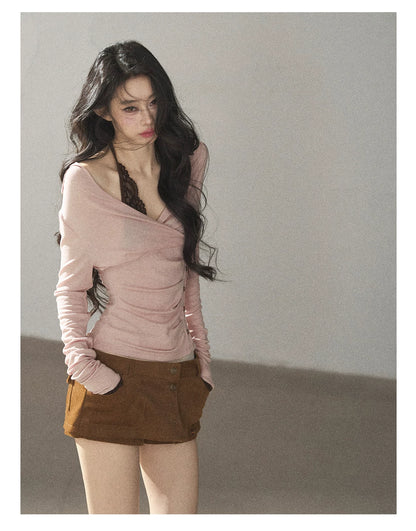 AOMALM - "Rose Garden Daydream" Misty Pink Korean Layered Lace Long-Sleeve Halter Top