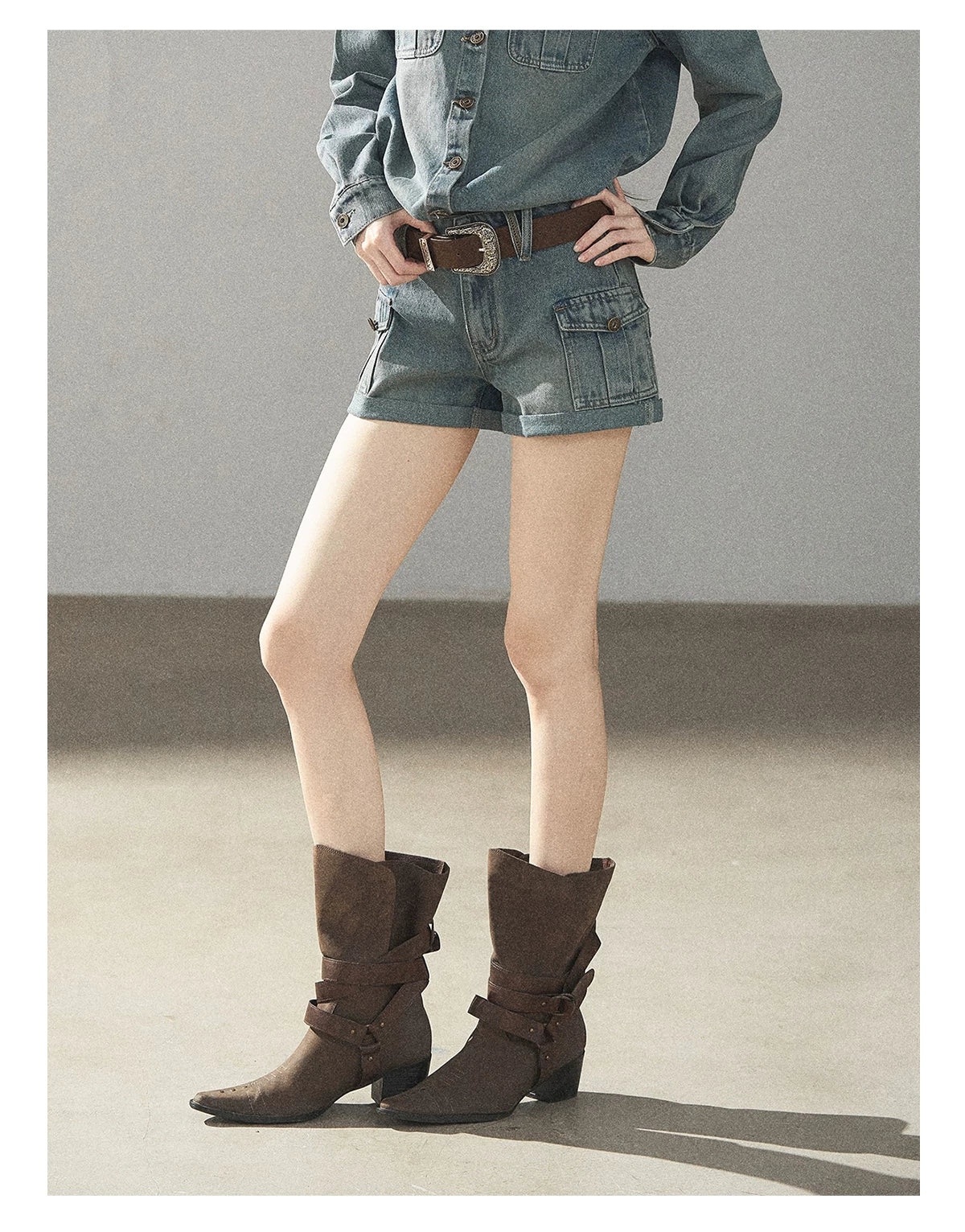 AOMALM - "Borrowed Sunshine" Vintage Blue Denim Commuter Set (Top + Shorts with Belt)