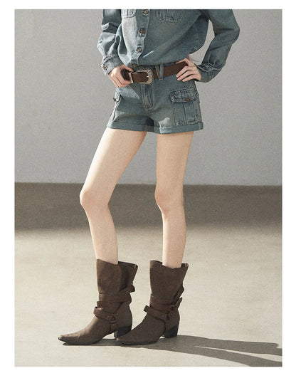 AOMALM - "Borrowed Sunshine" Vintage Blue Denim Commuter Set (Top + Shorts with Belt)