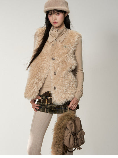 Soote Season - Korean Amber Brown Curly Faux-Fur Vest