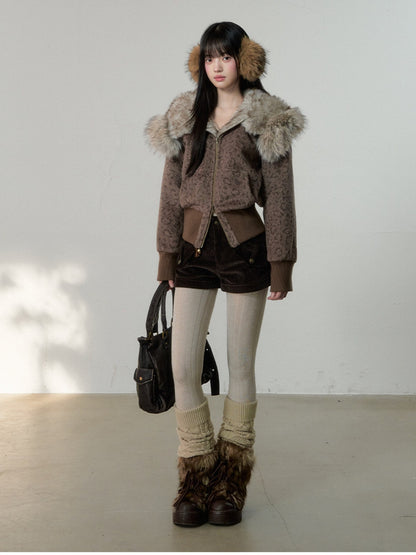 Soote Season - Vintage Leopard Wool Hooded Jacket with Faux Fur Collar – Brown Leopard